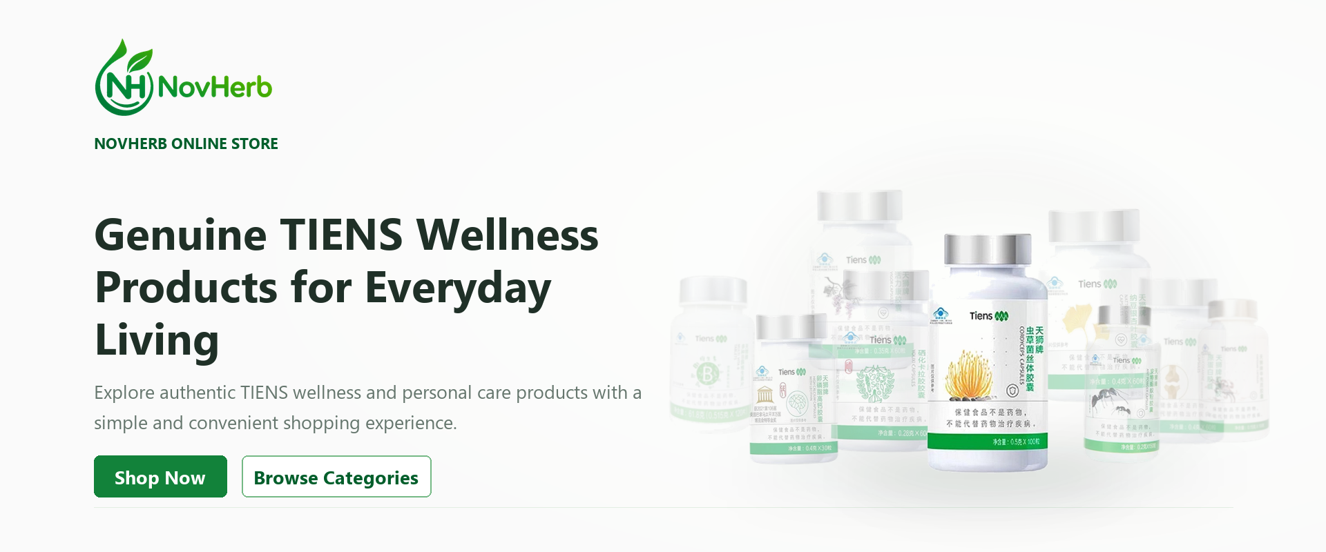 NovHerb homepage hero featuring TIENS Cordyceps Capsules