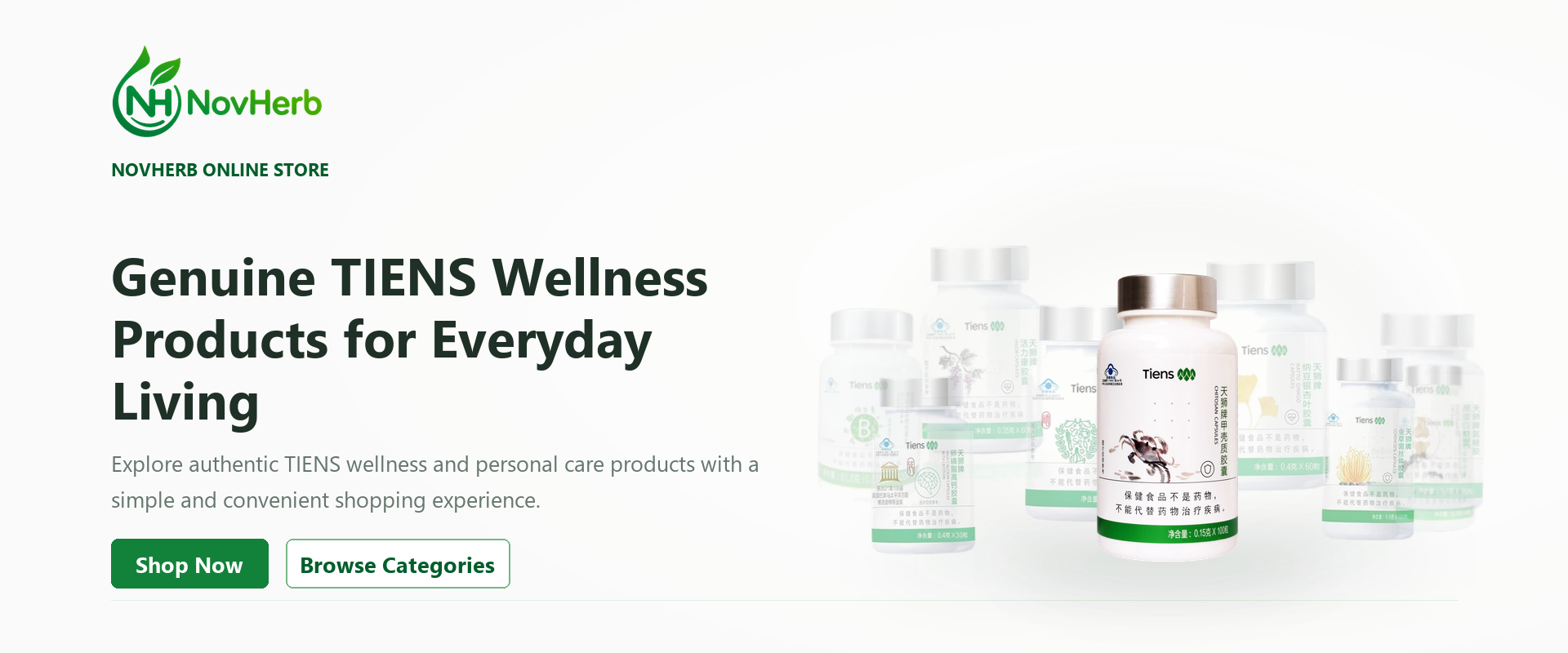 NovHerb homepage hero featuring TIENS Chitosan Capsules