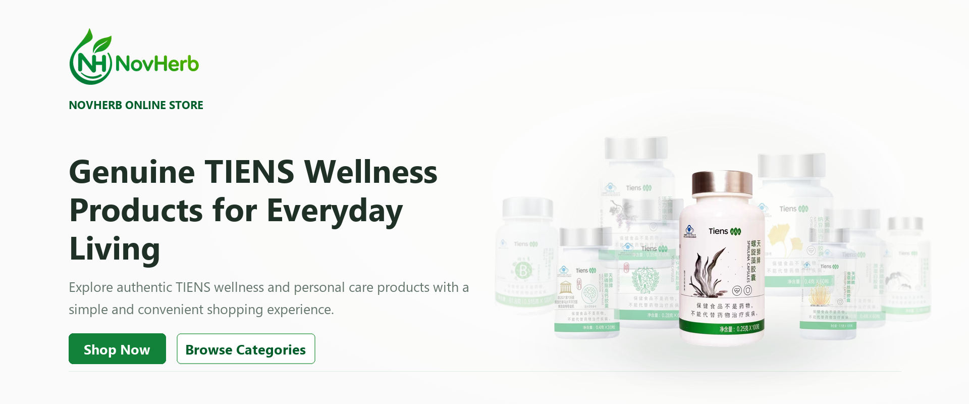 NovHerb homepage hero featuring TIENS Spirulina Capsules