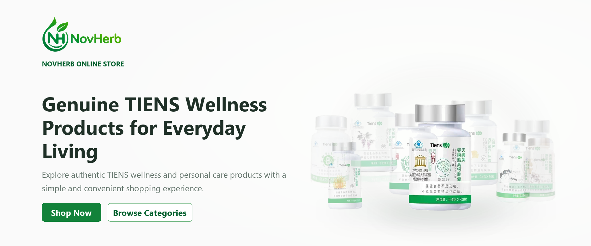 NovHerb homepage hero featuring TIENS High Calcium Capsules with Lecithin