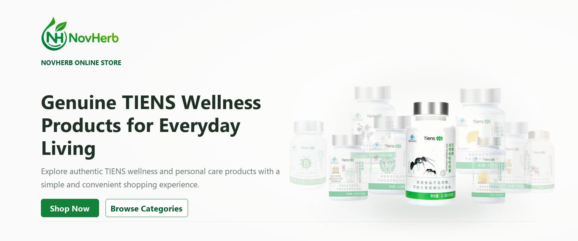 NovHerb homepage hero featuring TIENS Ant Powder Capsules